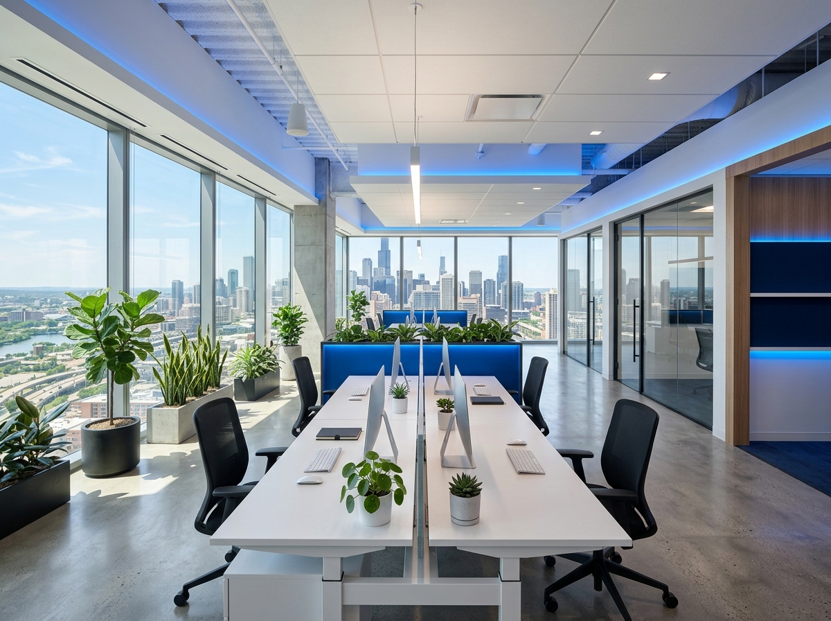 Modern Ennuviz office with city skyline